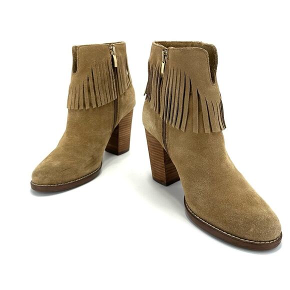Neiman Marcus Avale Tan Ankle Boot Size 8 Suede Fringes Block High Heel Bootie - Picture 13 of 15